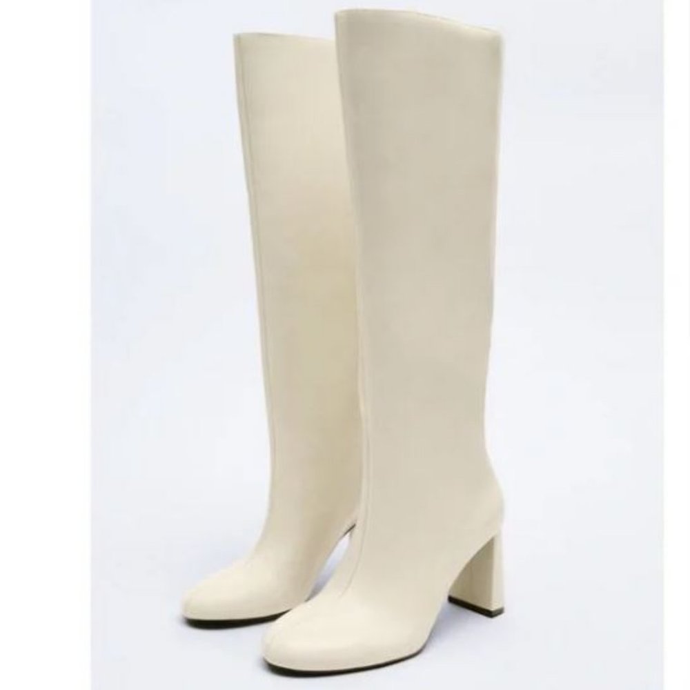 NWT Zara Off White Cream Knee Hight Heeled Boots, size 9.5 (40)